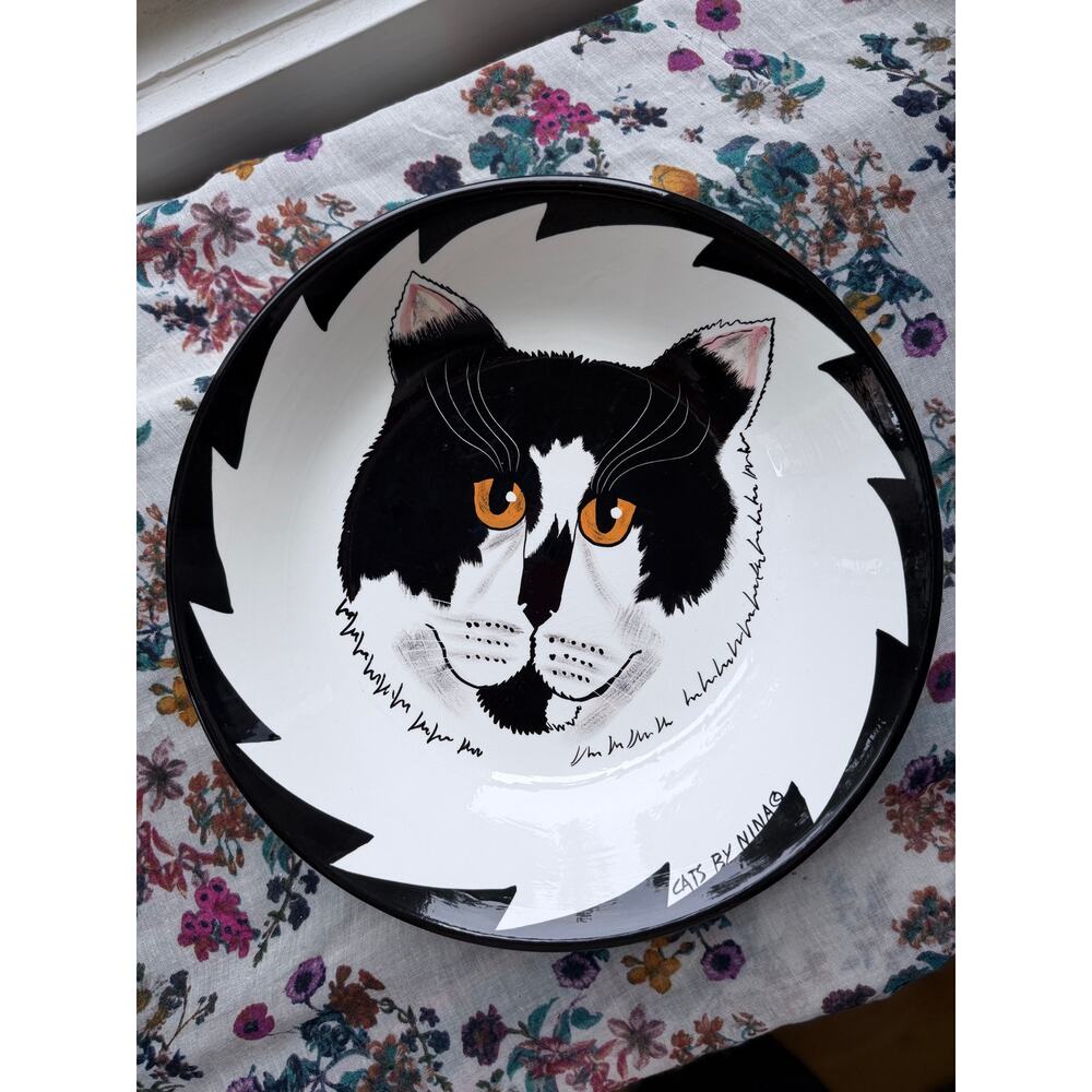 Tuxedo Cat Ceramic Serving Bowl 12” Whimsical Art Black & White Cats by Nina